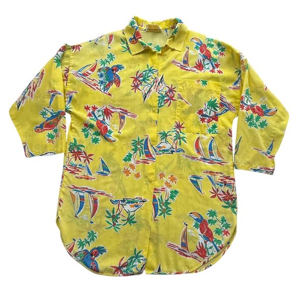 VTG 70s Loungees Shirt Womens 12/14 Yellow Parrot Top Snap Cover Up Pocket USA - Picture 1 of 9